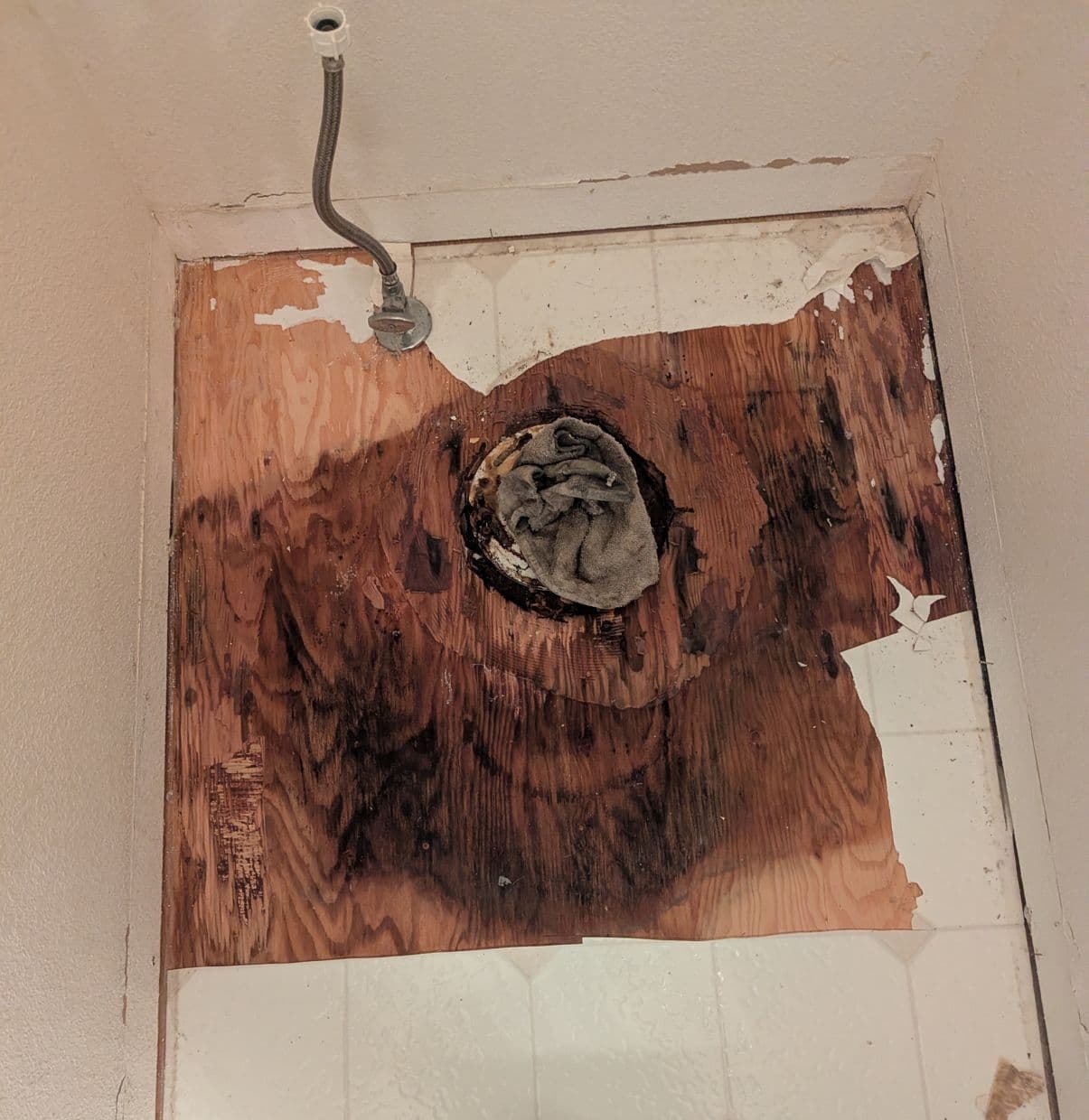 Water-stained bathroom subfloor around the toilet drain at the estimate visit